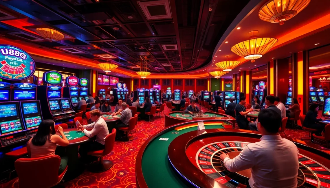 Experience thrilling games and luxury at U888 casino's vibrant atmosphere with players engaged in blackjack and poker.