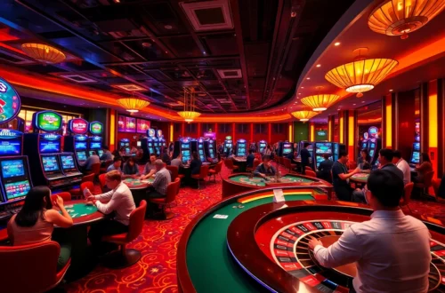 Experience thrilling games and luxury at U888 casino's vibrant atmosphere with players engaged in blackjack and poker.